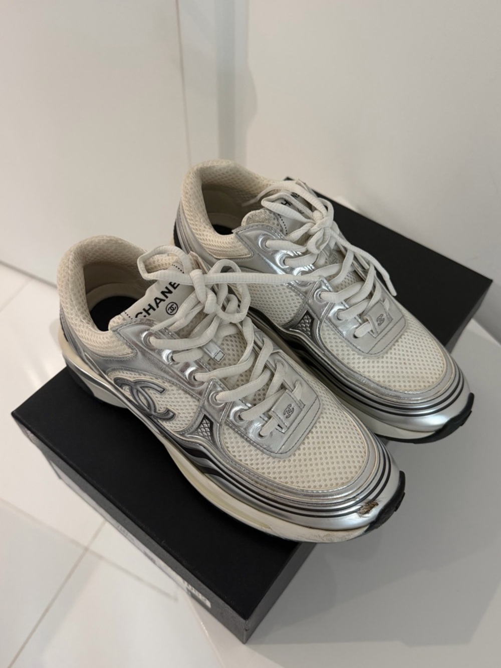 CHANEL Silver and White CC Logo Runner Sneakers - Picture 5 of 7